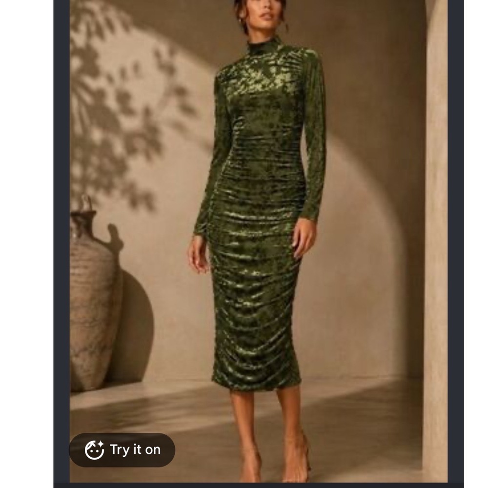 Belle Badgley Mischka Olive Green Burnout Velvet Ruched Mock Neck Midi Dress 0